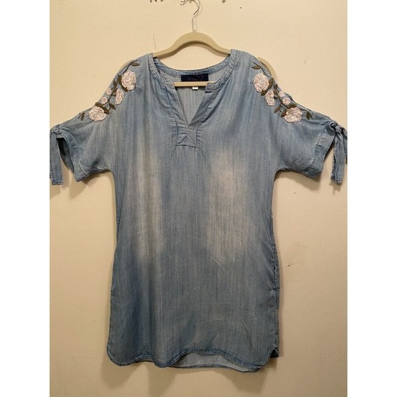 BLUE RAIN Dress Sand Washed Look Chambray Embroidered Cold Shoulder Pockets Med - Picture 3 of 12
